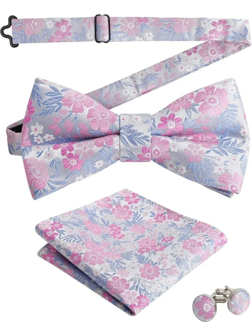 Floral Pattern 3-Piece Men's Bow Tie Set with Pocket Square & Cufflinks